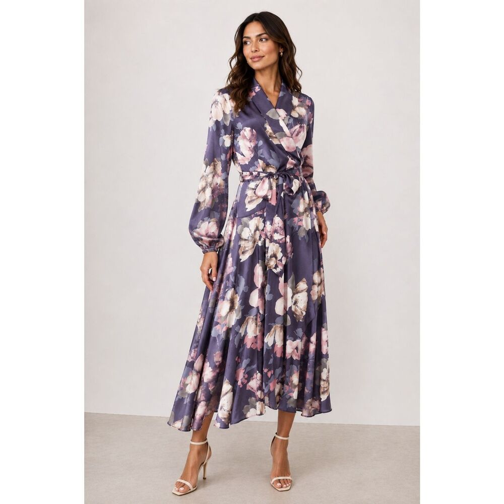 Boutique Floral Satin Wrap Maxi Dress Tie Waist Long Sleeve Romantic Cottagecore